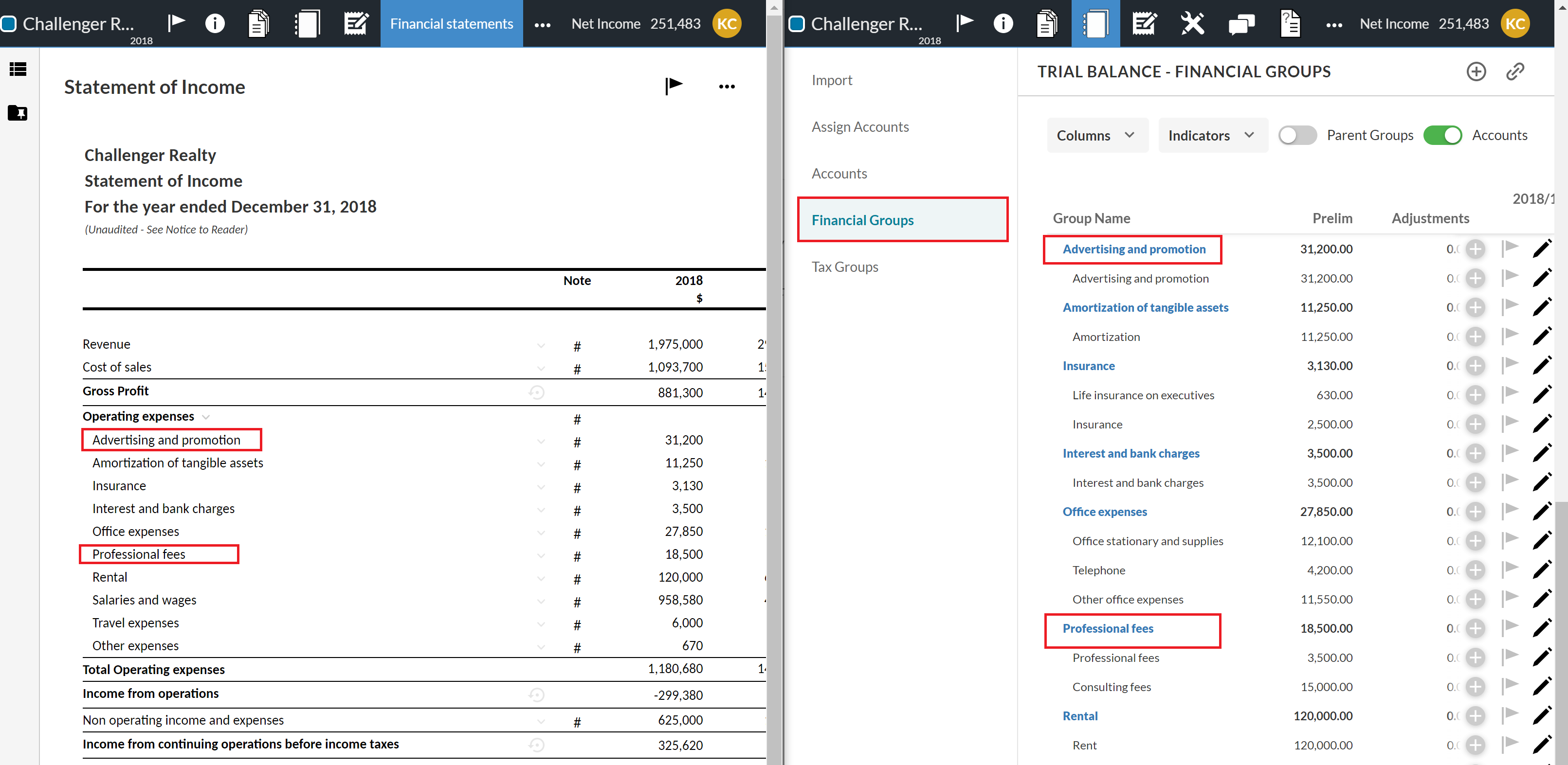 On the left: Financial groupings presentation in the Statement of Income. On the right: Financial groupings presentation in the Data page. 